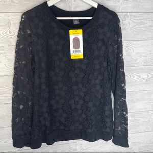 ADRIANNA PAPELL Top Black Lace Front Long Sleeve